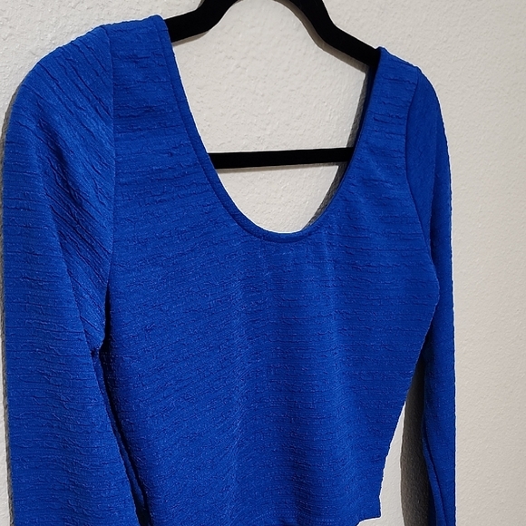 Material Girl Blue Crop Long Sleeve Backless Bodysuit - Picture 9 of 10